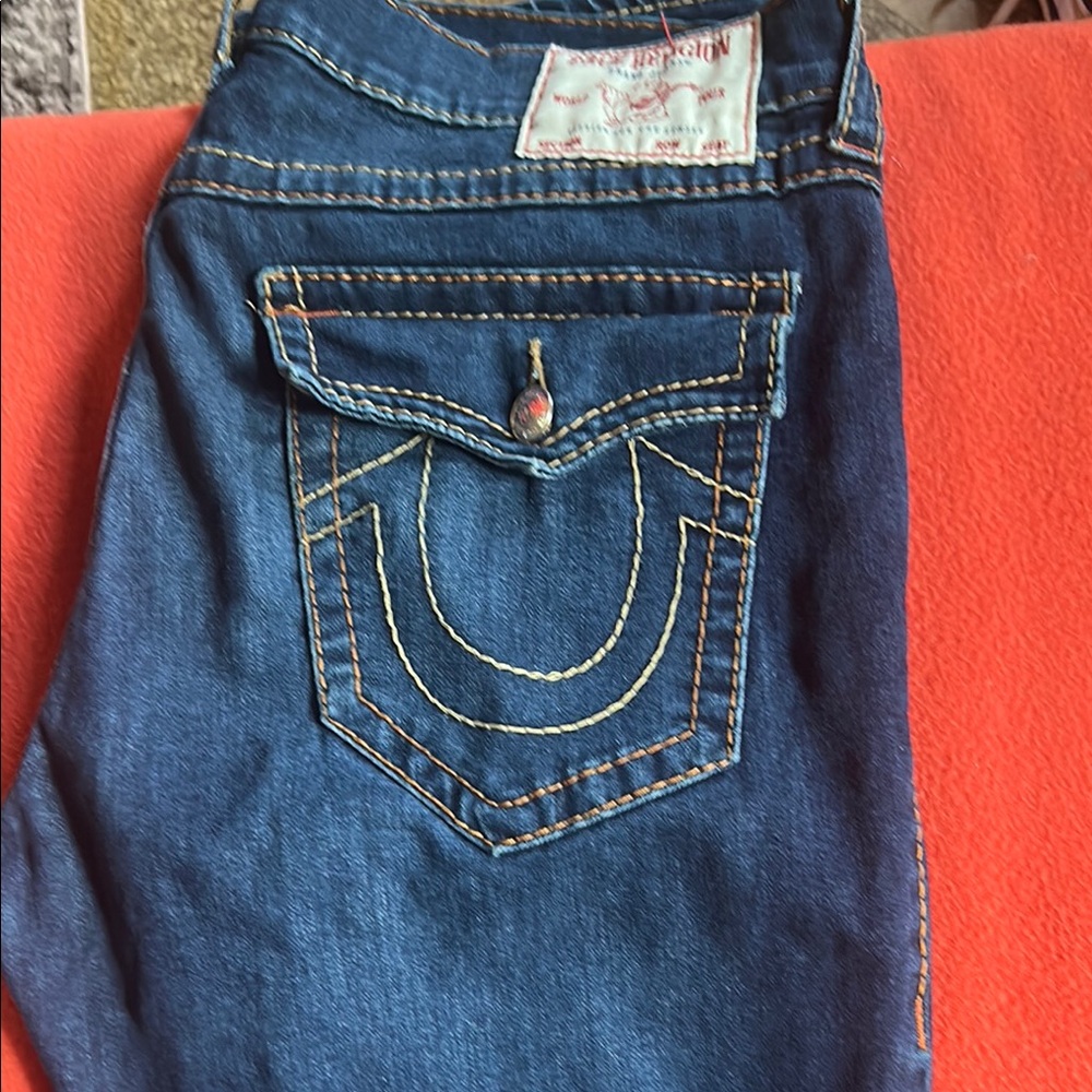 True Religion Blue Jeans with Contrast Stitching and Classic Cut